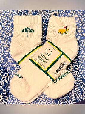 Masters White Crew Socks with Green Umbrella & Yellow Golf Flag Embroidery